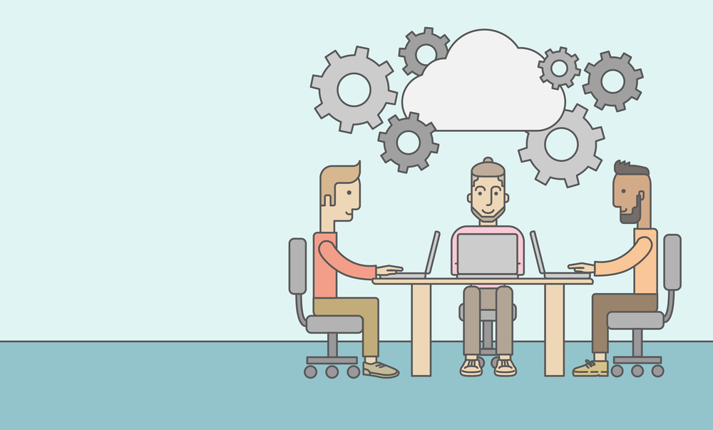 Three outstanding employees Three outstanding caucasian employees discussing and sharing brilliant ideas, gathering information, preparing for their marketing plan presentation using their laptops. Teamwork concept. A Contemporary style with pastel palette, soft blue tinted background. Vector flat design illustration. Horizontal layout with text space in left side.