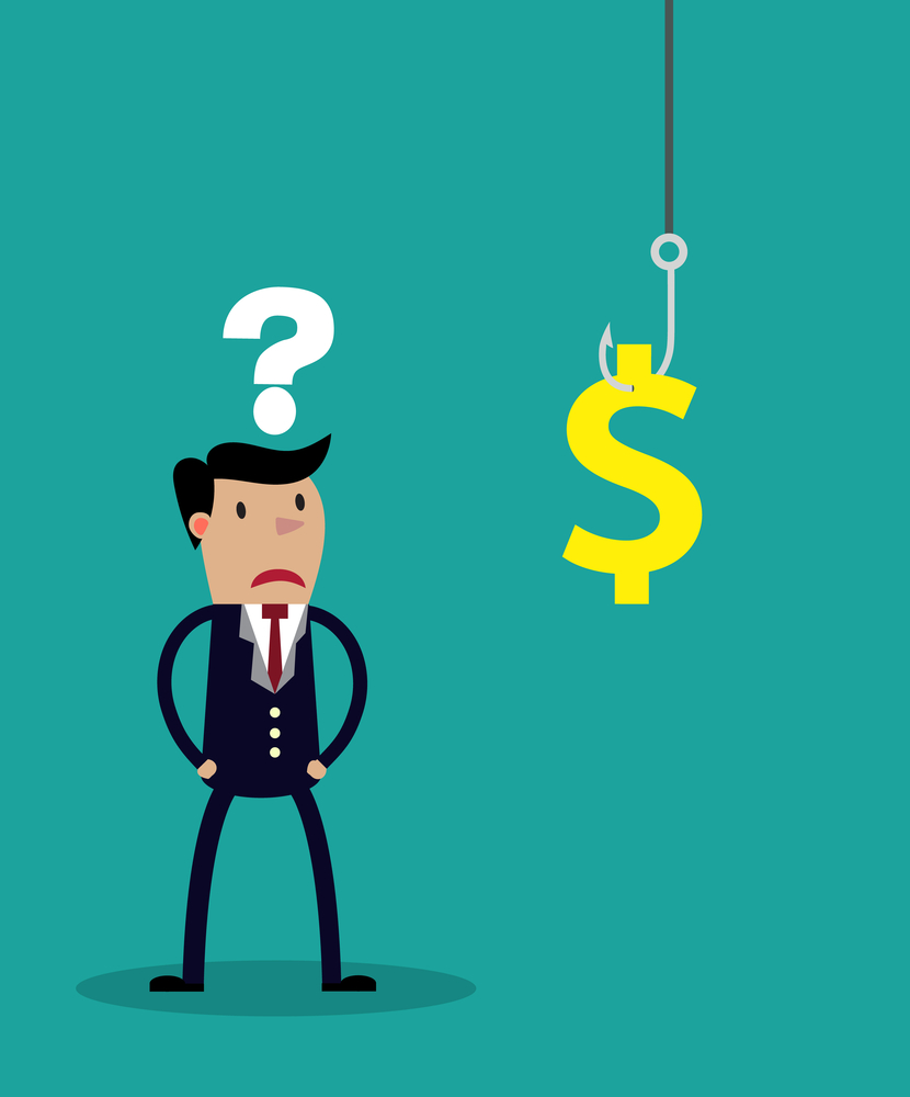 An uncertain businessman standing in front of a hook with a dollar sign as bait. Vector illustration for business concept and metaphor isolated on green background.