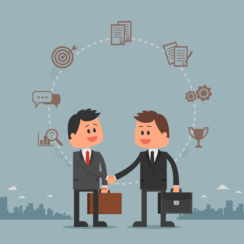 Business concept vector illustration in flat cartoon style. Men shaking hands. Businessmen making a deal. Business concept vector illustration in flat cartoon style. Business people shaking hands. Businessmen making a deal. Money investment concept. Business development cycle from idea to success.