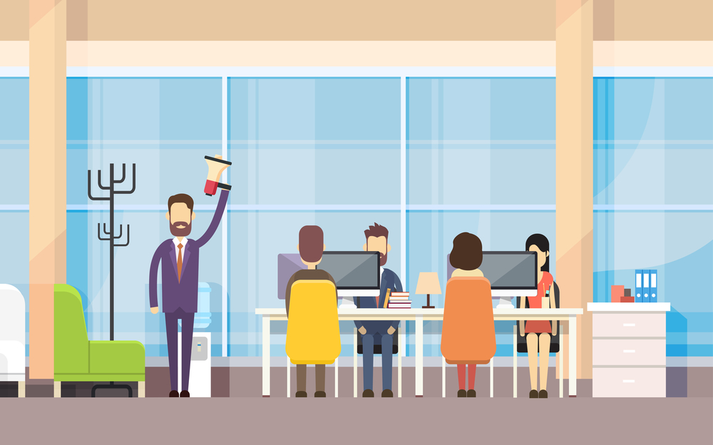 Businessman Boss Hold Megaphone Loudspeaker Colleagues Businessman Boss Hold Megaphone Loudspeaker Colleagues Business People Team Leader Group Businesspeople Working Office Interior Flat Vector Illustration