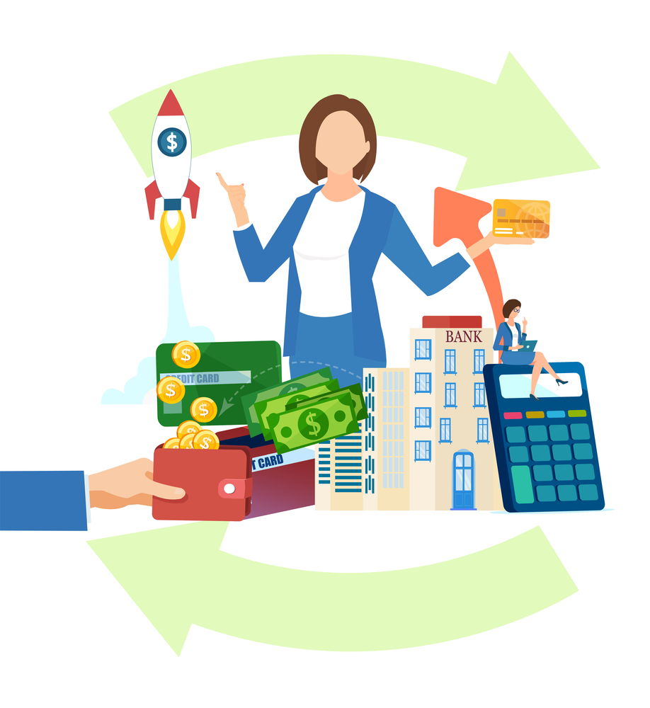 Cash flow and business investment concpet. Vector of a businesswoman managing finances