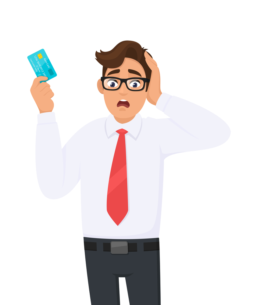 Young businessman shocked with hand on head for mistake, remember error. Forgot, bad memory. Person holding digital payment card. Male character design illustration. Modern lifestyle.