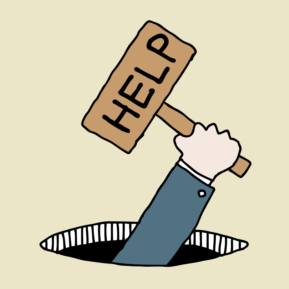 Help Sign Illustration of hand drawn businessman holding help sign