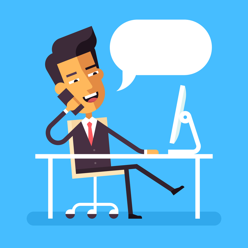 Handsome asian manager in formal suit sitting legs crossed at the desk with a computer and talking on cell phone. Cartoon character - asian businessman. Stock vector illustration style flat. Handsome asian manager in formal suit sitting legs crossed at the desk with a computer and talking on cell phone. Cartoon character - asian businessman. Stock vector illustration style flat.